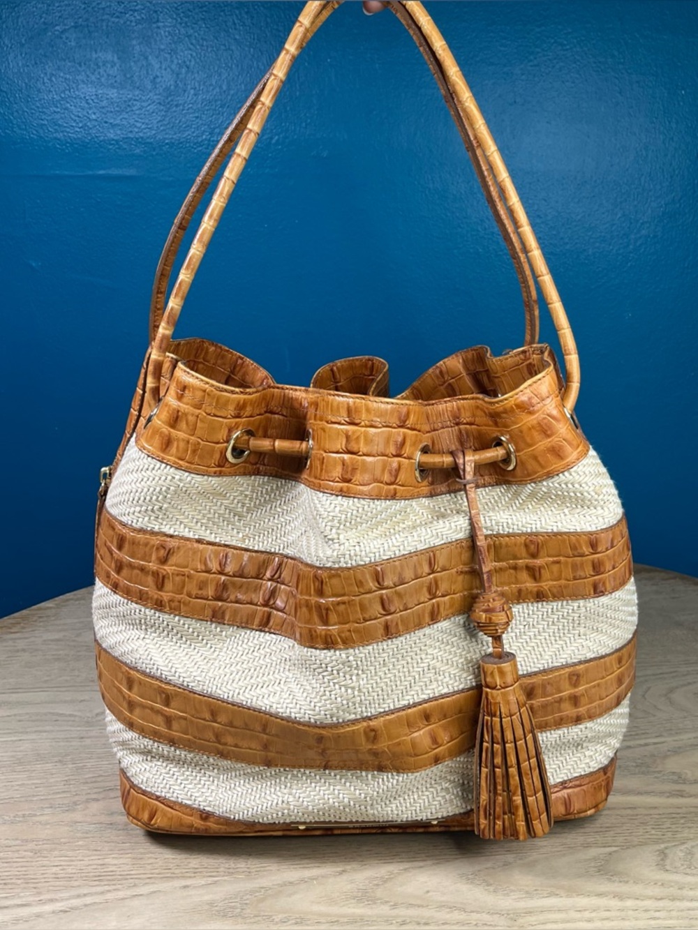 Brahmin Tan Croc-Accent Cream Woven Drawstring Tote
